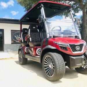 Dashboard interior of 2025 Evolution D-Max GT4 Red golf cart with nationwide and export delivery from New York