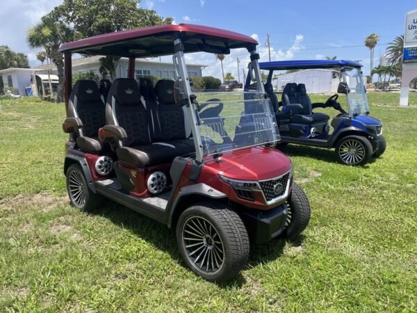 Front view of 2025 Evolution D-Max GT4 Red golf cart available in Virginia with nationwide delivery and export options