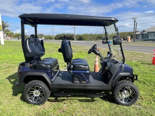 Side profile of 2025 Evolution D5-Maverick 4 blue four-seater golf cart