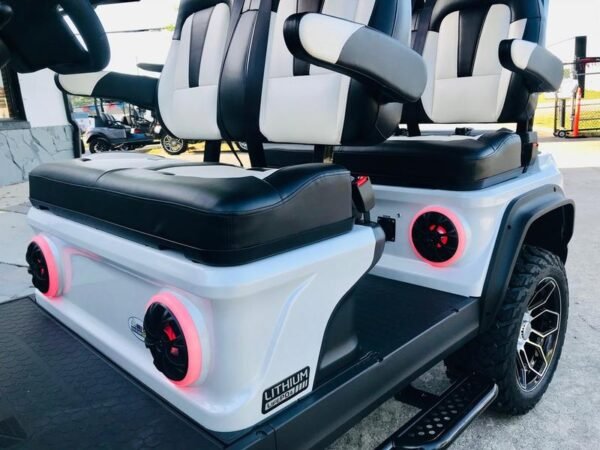 Four-passenger seating of 2025 Evolution D5-Maverick 4 Plus white golf cart