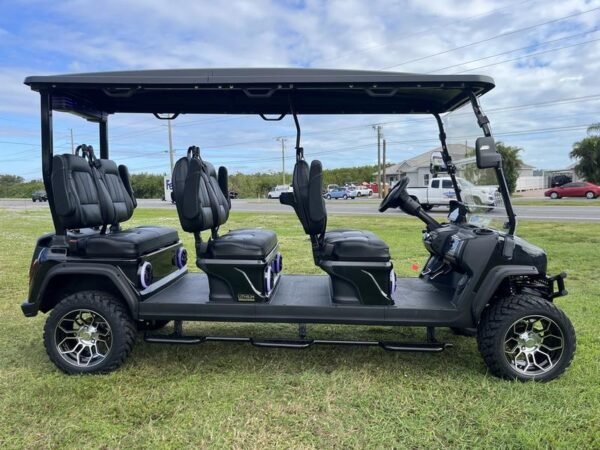 Side profile of 2025 Evolution D5-Maverick 6 Plus black golf cart six-seater available for California delivery