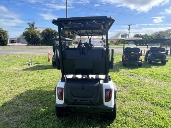 Rear design of 2025 Evolution D5-Maverick 6 Plus Texas White electric golf cart