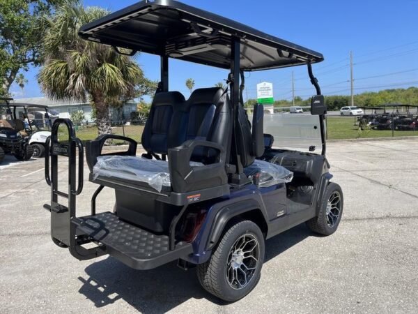 Front view of 2025 Evolution D5-Ranger 2+2 black four-passenger golf cart available in Florida with nationwide delivery