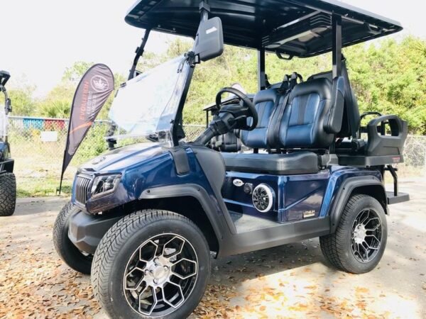 Front view of 2025 Evolution D5-Ranger 2+2 Plus Blue four-passenger golf cart available in California, nationwide delivery, and export