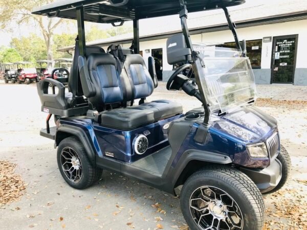 Side profile of 2025 Evolution D5-Ranger 2+2 Plus Blue golf cart available in California with nationwide delivery and export
