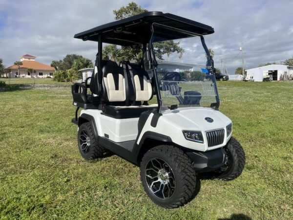 Front view of 2025 Evolution D5-Ranger 2+2 white four-passenger golf cart available in California with nationwide delivery