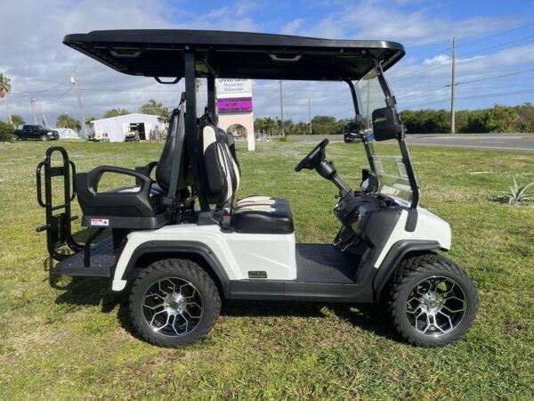 Side profile of 2025 Evolution D5-Ranger 2+2 white golf cart available in California with nationwide delivery