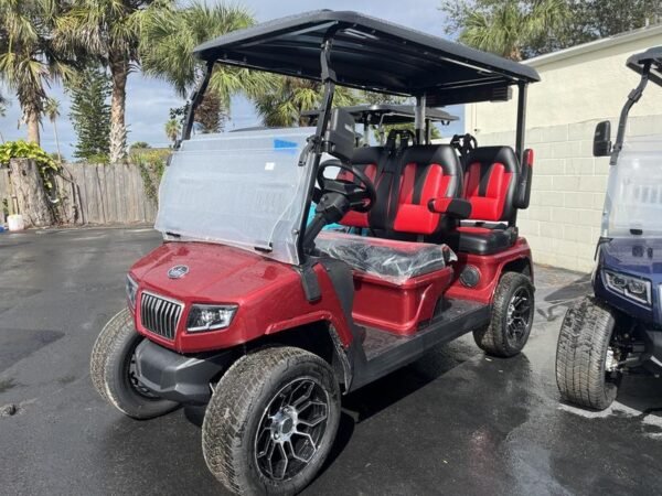 Front view of 2025 Evolution D5-Ranger 4 Red golf cart available in Virginia