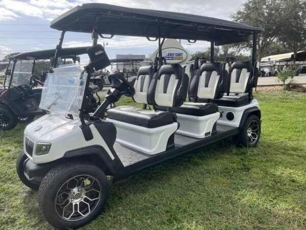 Six-passenger seating of 2025 Evolution D5-Ranger 6 White golf cart available in Michigan with export and nationwide delivery