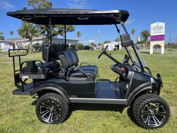 Side profile of 2025 Evolution Forester 4 Plus black golf cart available in Tennessee with nationwide delivery and export