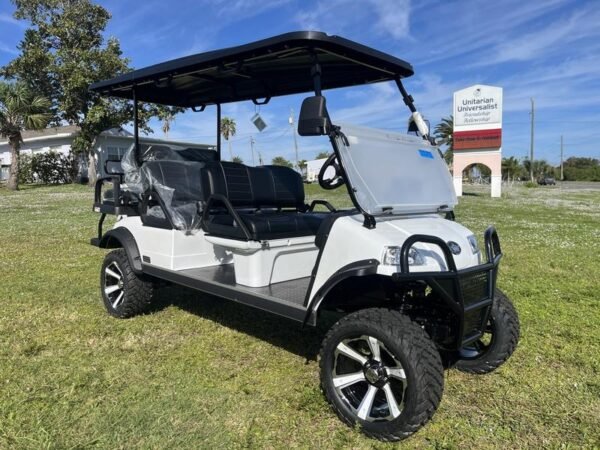 Front view of 2025 Evolution Forester 6 Plus white electric golf cart available in Alabama with nationwide delivery and export options