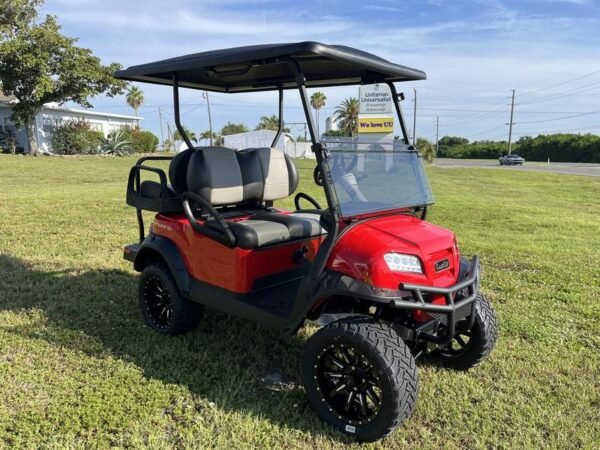 Luxury four-passenger seating inside 2026 Club Car Onward Lifted Gas red California