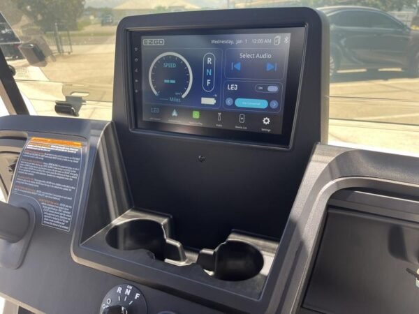 Dashboard and digital controls of 2026 E-Z-GO Freedom RXV ELiTE Lithium Patriot Blue in Detroit Michigan