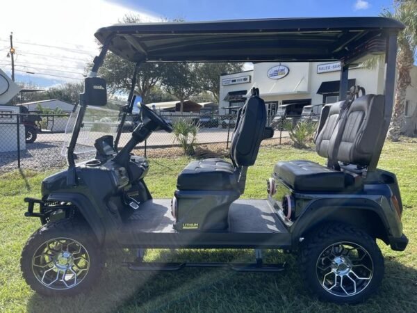Street-legal 2025 Evolution D5-Maverick 4 Plus black golf cart on road