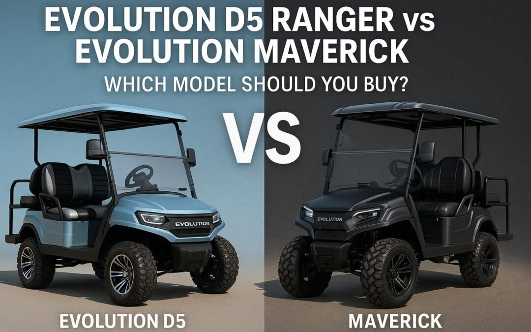 Direkter Vergleich der Golfcarts Evolution D5 Ranger und Evolution Maverick mit der Überschrift des Kaufberaters 2025 im Querformat