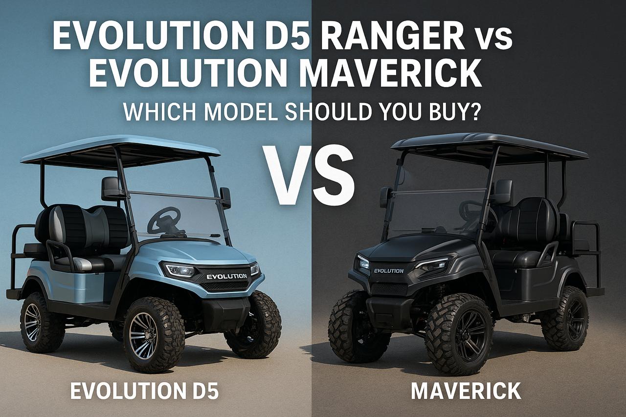 Comparación lado a lado de los carros de golf Evolution D5 Ranger y Evolution Maverick con el titular de la guía del comprador 2025 en formato apaisado.