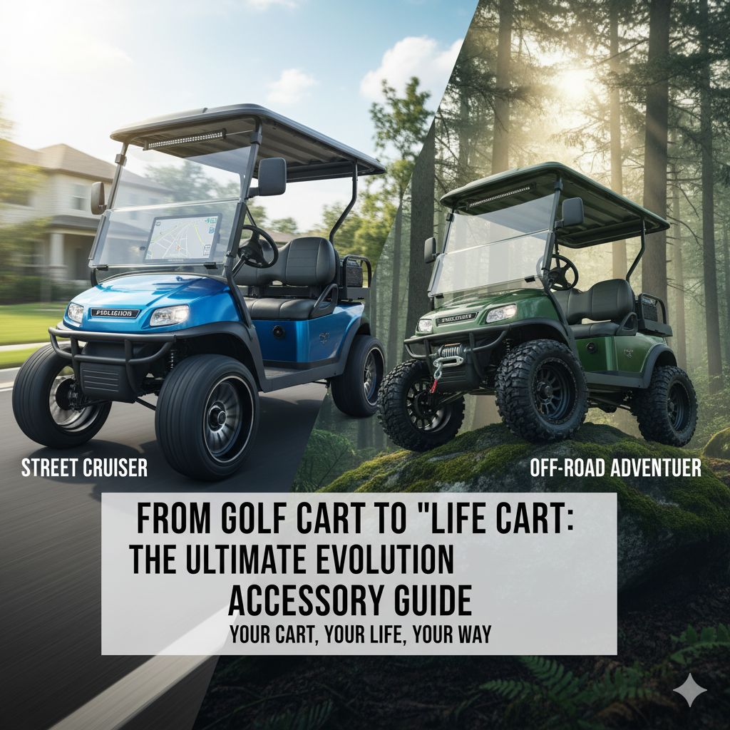 A modern, black Evolution golf cart, shown as a premium, high-tech platform that is ready for the accessories and upgrades detailed in the ultimate guide.