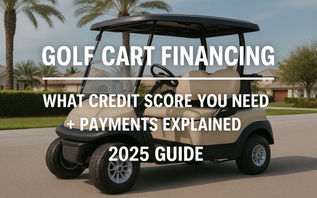 Golfwagen neben Wohnmobilen geparkt, mit Textüberlagerung „Golfwagenfinanzierung 2025 – Bonitätsprüfung & Zahlungen erklärt“ in einem Querformat-Hero-Bild