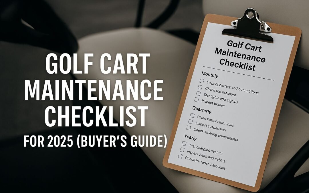 Ein Golfwagen steht in einer Garage, daneben Wartungswerkzeuge und der Text der Service-Checkliste für 2025 in einer Landschaft.
