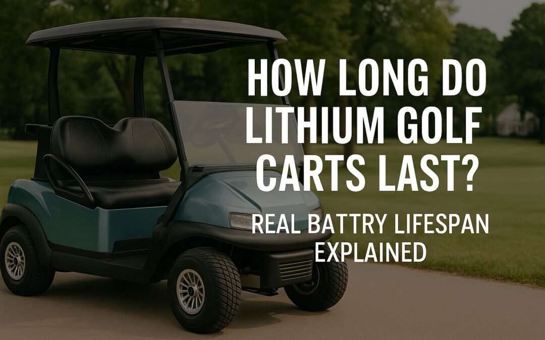 Lithium-Akkupack in einem Golfwagen mit einer Angabe zur Akkulaufzeit von 2025 Tagen im Querformat