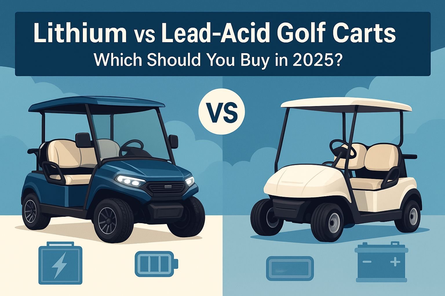 Split-Screen-Vergleich eines Golfcarts mit Lithiumbatterie vs. Bleiakkumulation, Überschrift des Kaufleitfadens 2025 im Querformat