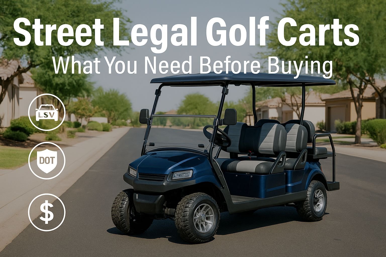 Carrito de golf homologado para circular por la calle en una vía suburbana con iconos LSV y DOT que muestran el titular de la guía de compra de 2025.