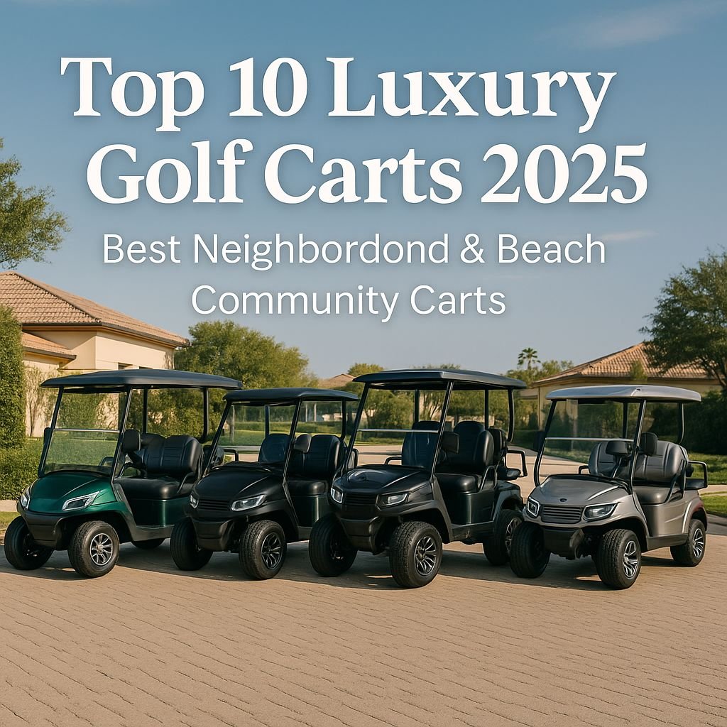 Aufstellung von Luxus-Golfcarts in einer Strandgemeinde mit einer Überschrift für den Leitfaden 2025 im Querformat