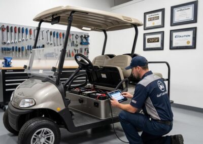 Certified technician customizing a luxury Evolution golf cart in Brooklyn NY.