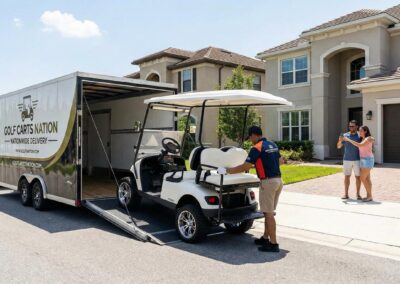 A happy couple receiving their new custom golf cart via nationwide delivery.