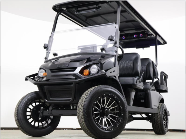 2026 E-Z-GO Express 6 Summit XTL ELiTE Lithium golf cart in black, front three-quarter view