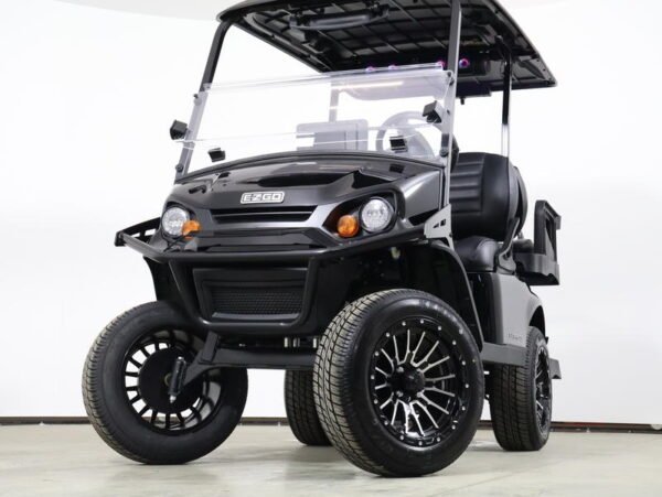 2026 E-Z-GO Express 4 Summit XT 13.5 HP EFI Gas golf cart in black, front three-quarter view