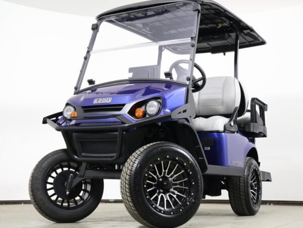 2026 E-Z-GO Express 4 Summit XT 13.5 HP EFI Gas golf cart in blue, front three-quarter view