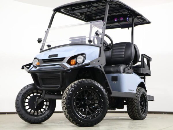 2026 E-Z-GO Express 4 Summit XT 13.5 HP EFI Gas golf cart in white, front three-quarter view