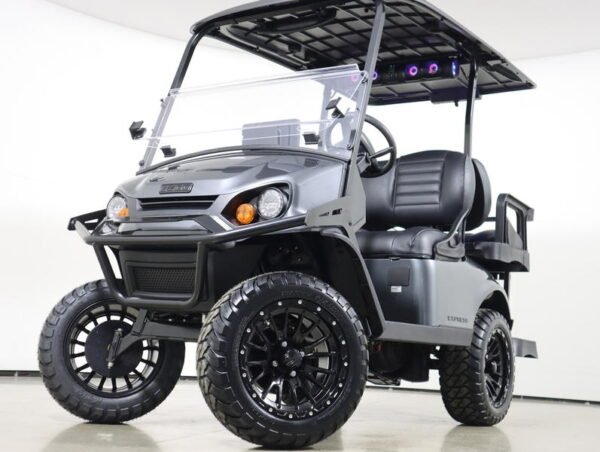 2026 E-Z-GO Express 4 Summit XT 13.5 HP EFI Gas golf cart in charcoal, front three-quarter view