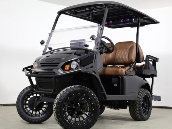 2026 E-Z-GO Express 4 Summit XTL 13.5 HP EFI Gas golf cart in black, front three-quarter view