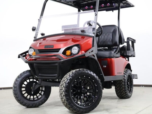 2026 E-Z-GO Express 4 Summit XTL 13.5 HP EFI Gas golf cart in red, front three-quarter view