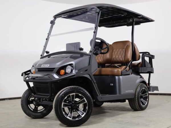 2026 E-Z-GO Express 4 Touring STL 13.5 HP EFI Gas golf cart in black, front three-quarter view