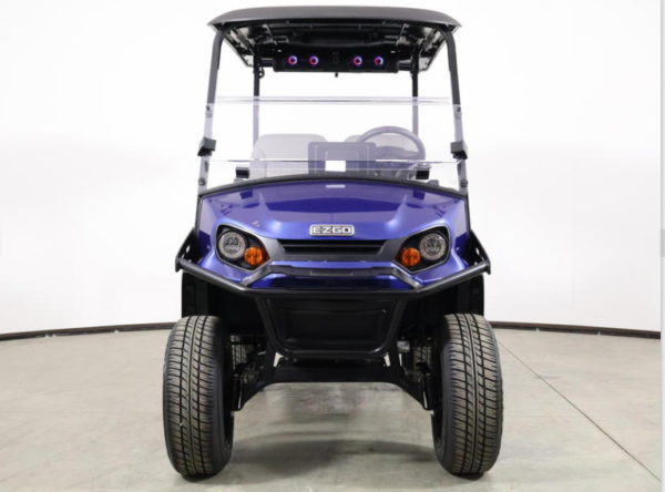 2026 E-Z-GO Express 4 Summit XTL 13.5 HP EFI Gas golf cart in blue, front three-quarter view