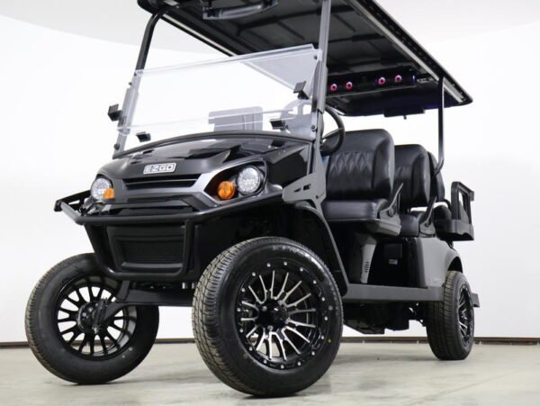 2026 E-Z-GO Express 6 Summit XTL 13.5 HP EFI Gas golf cart in black, front three-quarter view