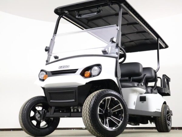 2026 E-Z-GO Express 6 Touring S 13.5 HP EFI Gas golf cart in white, front three-quarter view