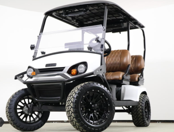 2026 E-Z-GO Liberty Summit XT ELiTE Lithium golf cart in white, front three-quarter view