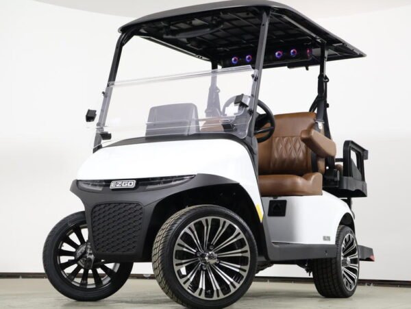 2026 E-Z-GO RXV 4 Touring STL ELiTE Lithium golf cart in white, front three-quarter view