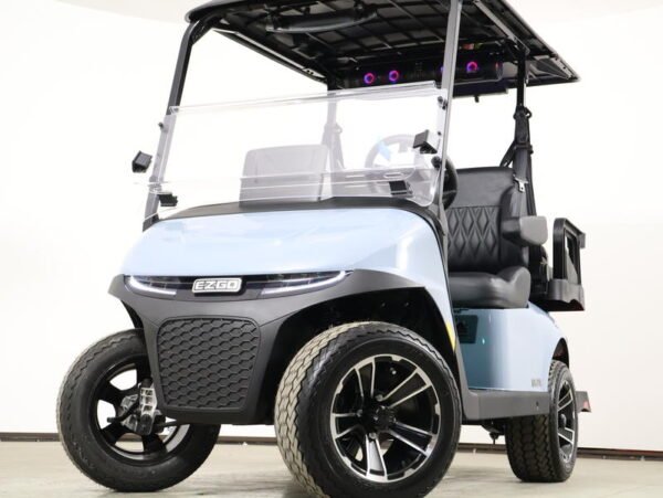 2026 E-Z-GO RXV 4 Touring STL ELiTE Lithium golf cart in light blue, front three-quarter view