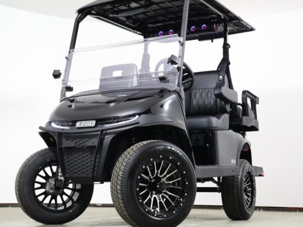2026 E-Z-GO RXV 4 Summit XTL ELiTE Lithium golf cart in black, front three-quarter view