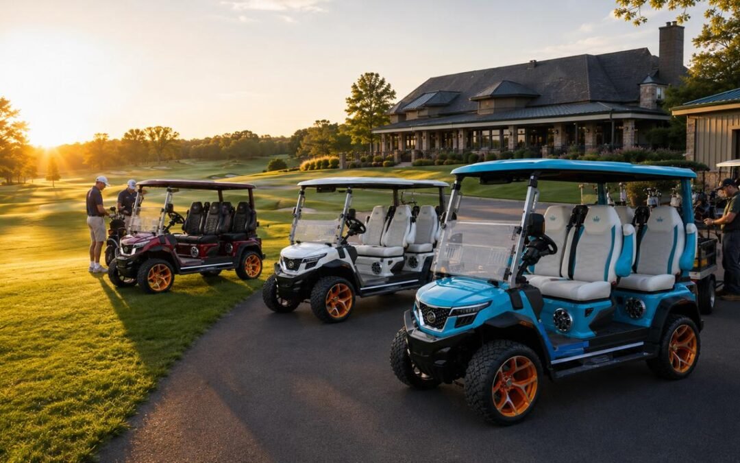 Golf course golf cart fleet staged beside a clubhouse with golfer carts, utility vehicles and passenger shuttles