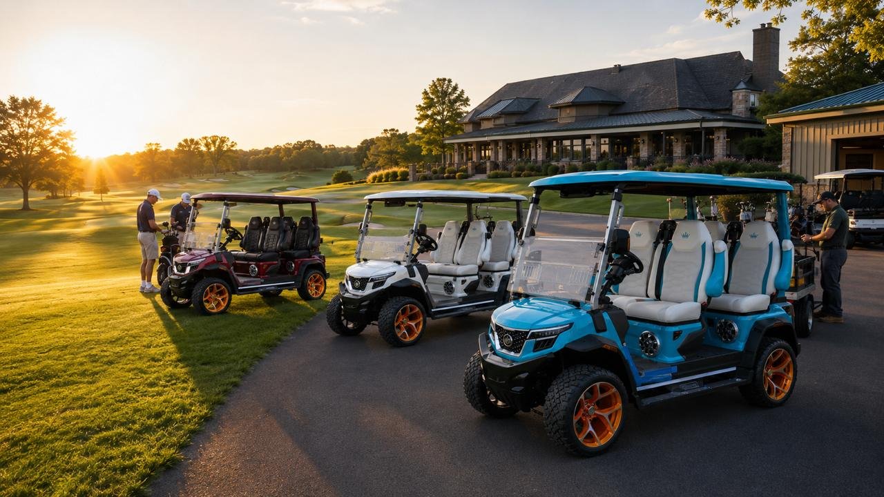 Golf course golf cart fleet staged beside a clubhouse with golfer carts, utility vehicles and passenger shuttles