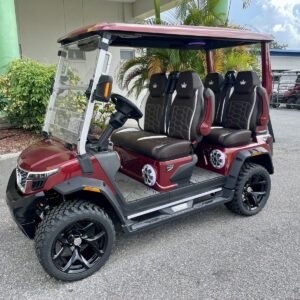 2026 Evolution D-MAX XT4 golf cart in red, front three-quarter view