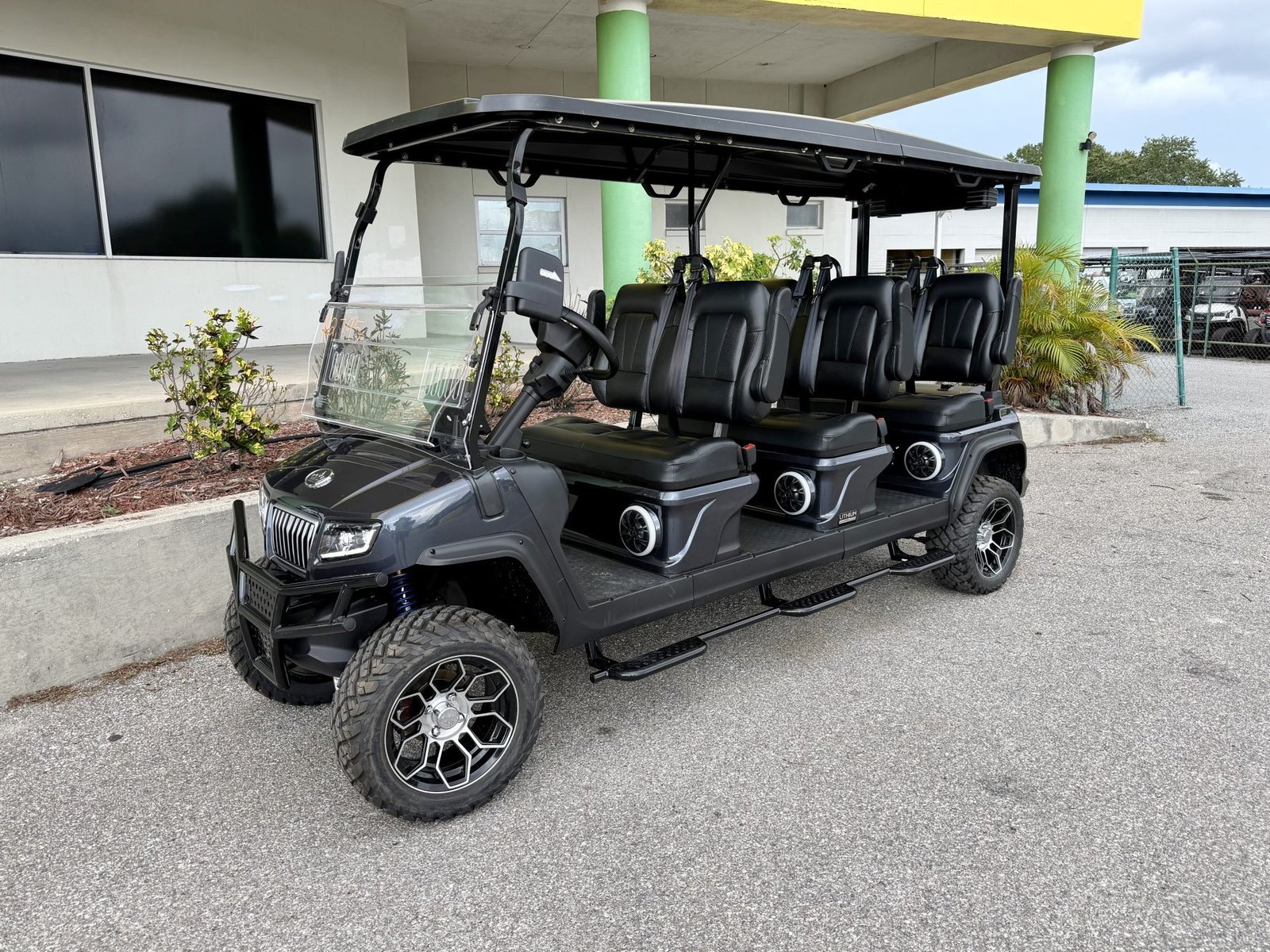 2026 Evolution D5 Maverick 6 golf cart, front three-quarter view showing six forward-facing seats