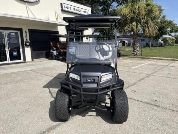 Front view of the black Club Car Onward Lifted 4 Passenger Gas