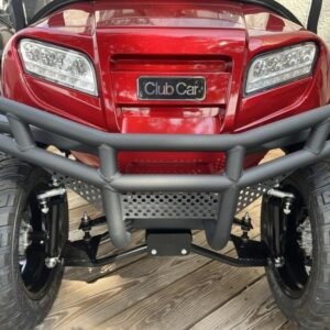 Front of the red Club Car Onward Lifted 4 Passenger with brush guard